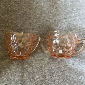 Vintage Pink Depression Glass Cube Cubist Creamer and Sugar Diamond pattern
